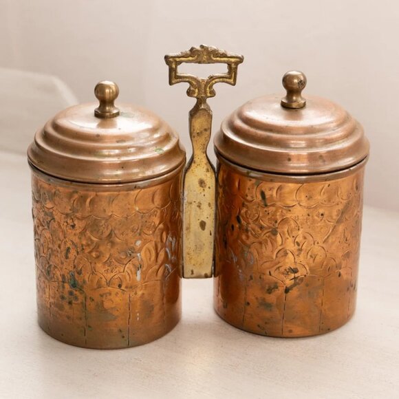 Medium Copper Silver Tone Caddy with Attached 2 Canisters (Brass Center) - Picture 2 of 5